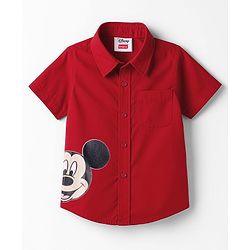 Babyhug Disney Poplin Woven Half Sleeves Printed Shirt with Front and Back Mickey Mouse Graphic - Red