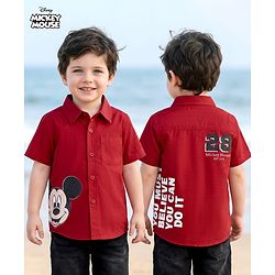 Babyhug Disney Poplin Woven Half Sleeves Printed Shirt with Front and Back Mickey Mouse Graphic - Red