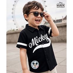 Babyhug Disney Poplin Woven Half Sleeves Shirt With Mickey Mouse Print - Black