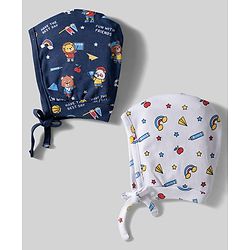 Babyhug 100% Cotton Knit Bonnet Caps with Teddy & Rainbow Print Pack of 2 Navy Blue & White - Diameter 16 cm