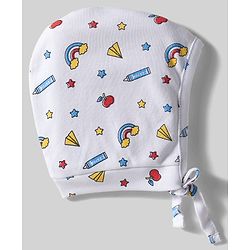 Babyhug 100% Cotton Knit Bonnet Caps with Teddy & Rainbow Print Pack of 2 Navy Blue & White - Diameter 16 cm