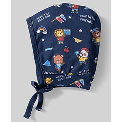 Babyhug 100% Cotton Knit Bonnet Caps with Teddy & Rainbow Print Pack of 2 Navy Blue & White - Diameter 16 cm