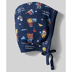 Babyhug 100% Cotton Knit Bonnet Caps with Teddy & Rainbow Print Pack of 2 Navy Blue & White - Diameter 16 cm