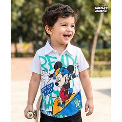 Babyhug Disney Single Jersey Woven Half Sleeves Shirt with Mickey Mouse Graphic - White