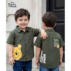 Babyhug Disney Poplin Woven Half Sleeves Printed Shirt with Winnie the Pooh Graphic -Olive Green