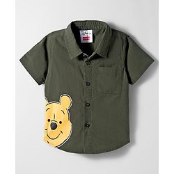 Babyhug Disney Poplin Woven Half Sleeves Printed Shirt with Winnie the Pooh Graphic -Olive Green