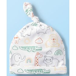 Babyhug 100% Cotton Knit Knot Cap With Stripes & Animal Print Pack of 2 White & Orange - Diameter 16 cm