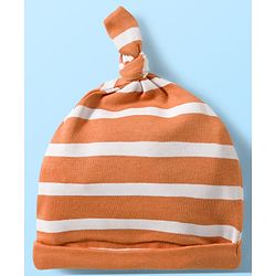 Babyhug 100% Cotton Knit Knot Cap With Stripes & Animal Print Pack of 2 White & Orange - Diameter 16 cm