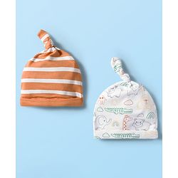 Babyhug 100% Cotton Knit Knot Cap With Stripes & Animal Print Pack of 2 White & Orange - Diameter 16 cm