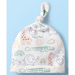 Babyhug 100% Cotton Knit Knot Cap With Stripes & Animal Print Pack of 2 White & Orange - Diameter 16 cm