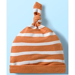 Babyhug 100% Cotton Knit Knot Cap With Stripes & Animal Print Pack of 2 White & Orange - Diameter 16 cm