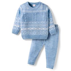 Babyhug Knitted Full Sleeves Sweater Set With Cable Knit Design - Light Blue