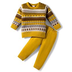 Babyhug Knit Full Sleeves Pullover Sweater Set With Aztec Design - Mustard