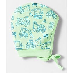 Babyhug 100% Cotton Interlock Knit Caps With Vehicle Print Pack Of 2 Blue & Light Green - Diameter 15 cm