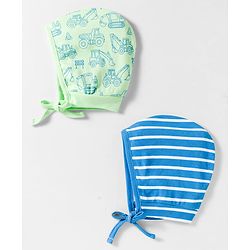 Babyhug 100% Cotton Interlock Knit Caps With Vehicle Print Pack Of 2 Blue & Light Green - Diameter 15 cm