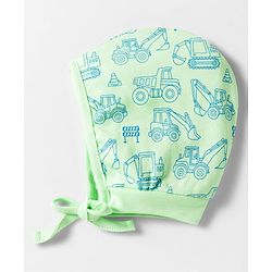 Babyhug 100% Cotton Interlock Knit Caps With Vehicle Print Pack Of 2 Blue & Light Green - Diameter 15 cm