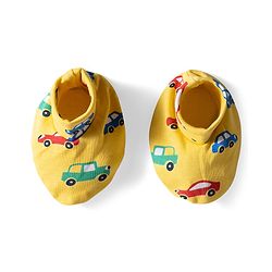 Babyhug 100% Cotton Knit Mittens & Booties with Vehicle Print - Yellow