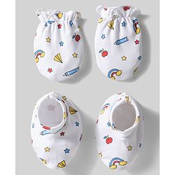 Babyhug 100% Cotton Knit Mittens & Booties with Rainbow Print - White