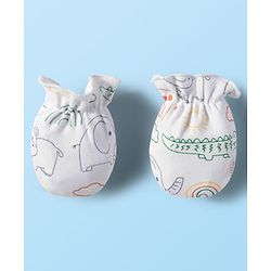 Babyhug 100% Cotton Knit Mittens & Booties Set with Animal Print - White