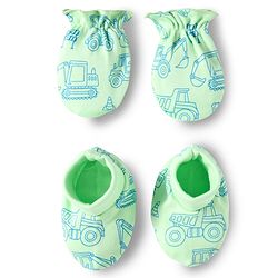 Babyhug 100% Cotton Knit  Mittens & Booties Set with Vehicle Print- Light Green