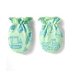 Babyhug 100% Cotton Knit  Mittens & Booties Set with Vehicle Print- Light Green