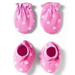 Babyhug 100% Cotton Mittens & Booties Set With Floral Print - Pink