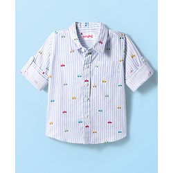 Babyhug Cotton Woven Full Sleeves Striped Shirt with Car Print - White