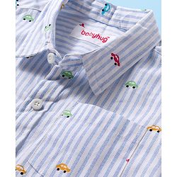 Babyhug Cotton Woven Full Sleeves Striped Shirt with Car Print - White