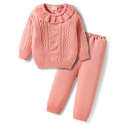 Babyhug Knitted Full Sleeves Sweater Set With Frill & Cable Knit Design - Pink