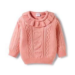 Babyhug Knitted Full Sleeves Sweater Set With Frill & Cable Knit Design - Pink