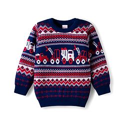 Babyhug Knit Full Sleeves Pullover Sweater with Fair Isle Truck Design - Navy Blue