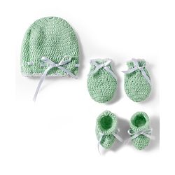 Babyhug Hand Knit Woollen Cap Mitten & Booties Set with Bow Applique Sea Green - Diameter 10 cm