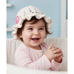 Babyhug Hand Knit Woollen Cap with Floral Embroidery White - Diameter  11 cm