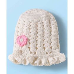 Babyhug Hand Knit Woollen Cap with Floral Embroidery White - Diameter  11 cm