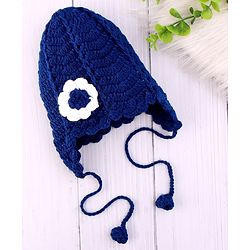 Babyhug Hand Knit Cap With Floral Applique Navy Blue - 12 cm Diameter