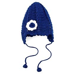Babyhug Hand Knit Cap With Floral Applique Navy Blue - 12 cm Diameter