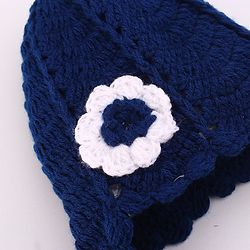 Babyhug Hand Knit Cap With Floral Applique Navy Blue - 12 cm Diameter