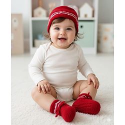 Babyhug Hand Knit Woollen Cap and Bootie Set Red - Diameter 11 cm