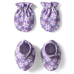 Babyhug 100% Cotton Knit Mittens & Booties with Floral Print - Lavender