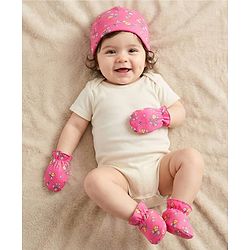 Babyhug Interlock Cotton Knit Cap Mittens And Booties Set With Floral Print Pink -  Diameter 16 cm