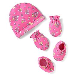 Babyhug Interlock Cotton Knit Cap Mittens And Booties Set With Floral Print Pink -  Diameter 16 cm
