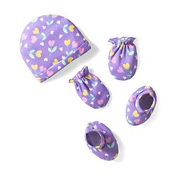 Babyhug 100% Cotton Knit Cap Mittens & Booties With Floral Print Voilet - Diameter 10 cm