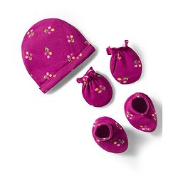 Babyhug 100% Cotton Knit Cap Mittens And Booties Set with Floral Print Wine - Diameter 16 cm
