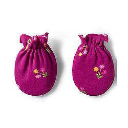 Babyhug 100% Cotton Knit Cap Mittens And Booties Set with Floral Print Wine - Diameter 16 cm