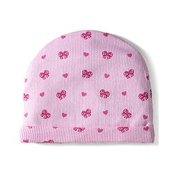 Babyhug 100% Cotton Knit Cap Mittens & Booties With Stripes & Heart Print Pink - Diameter 10 cm