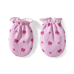 Babyhug 100% Cotton Knit Cap Mittens & Booties With Stripes & Heart Print Pink - Diameter 10 cm