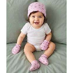 Babyhug 100% Cotton Knit Cap Mittens & Booties With Stripes & Heart Print Pink - Diameter 10 cm