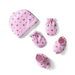 Babyhug 100% Cotton Knit Cap Mittens & Booties With Stripes & Heart Print Pink - Diameter 10 cm