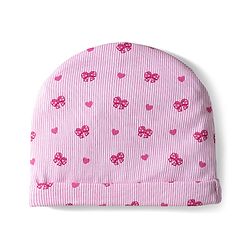 Babyhug 100% Cotton Knit Cap Mittens & Booties With Stripes & Heart Print Pink - Diameter 10 cm