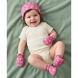 Babyhug 100% Cotton Knit Cap Mittens & Booties With Stripes & Floral Print Dark Pink - Diameter 11 cm
